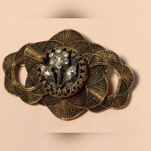 Antique style vintage brooch rhinestone flower  layer design goldtone copper 2"
